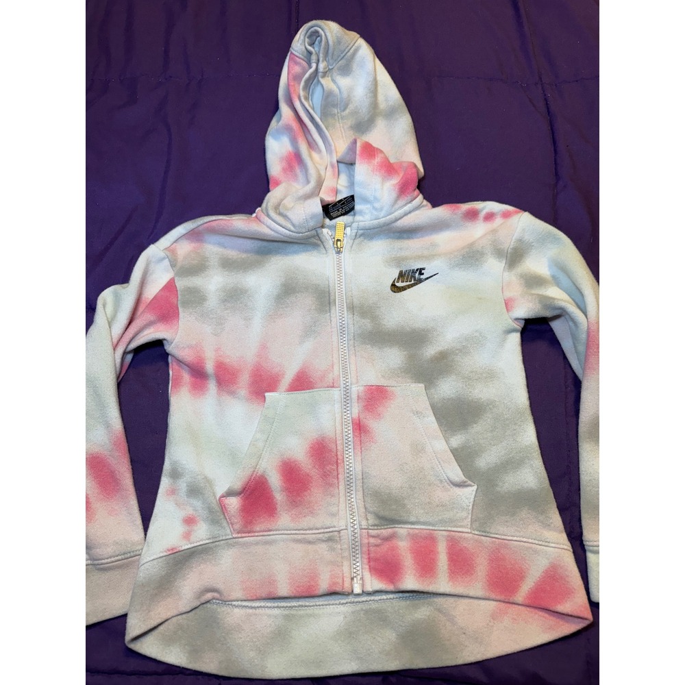 Nike Girls Pink Grey Tie Dye Full Zip Hoodie Sweatshirt Gold Logo Size 6X 6-7Y